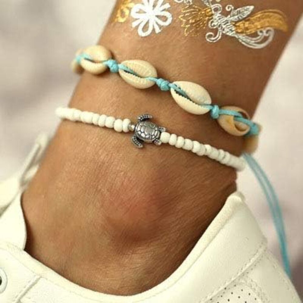 Boho Turtle Layered Shell Anklet Set Silver Ankle… - image 4